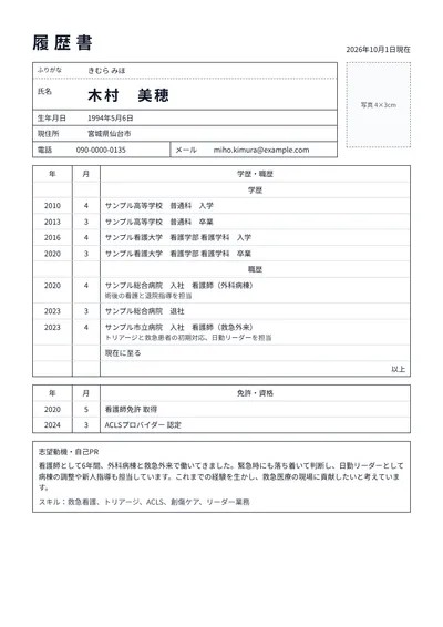 救急外来で働く看護師の履歴書の例文