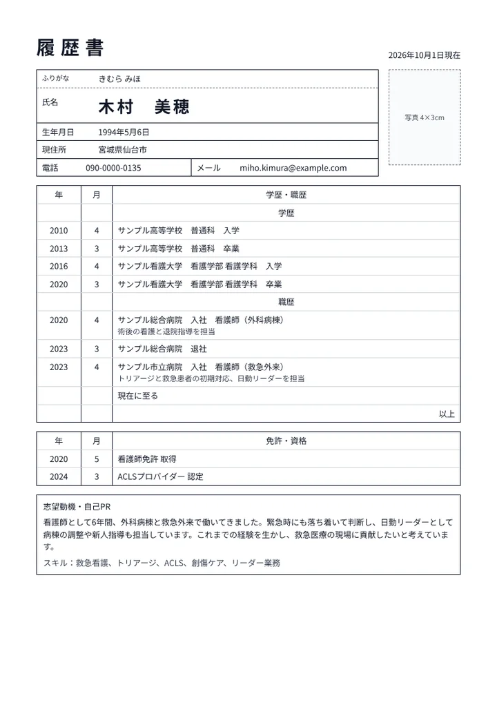 救急外来で働く看護師の履歴書の例文