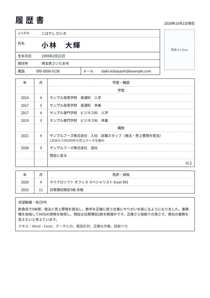 未経験から一般事務に応募する人の履歴書の例文