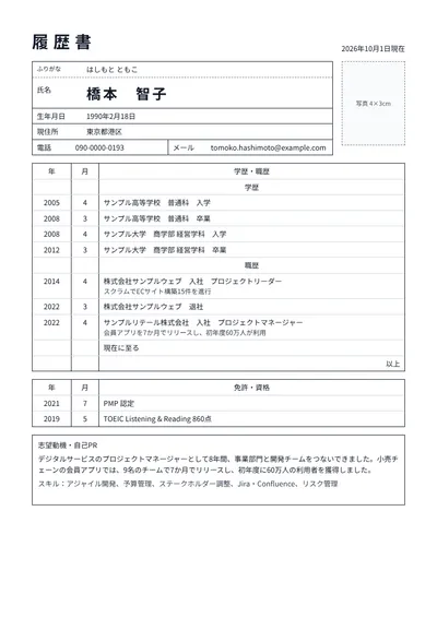 デジタル領域のプロジェクトマネージャーの履歴書の例文