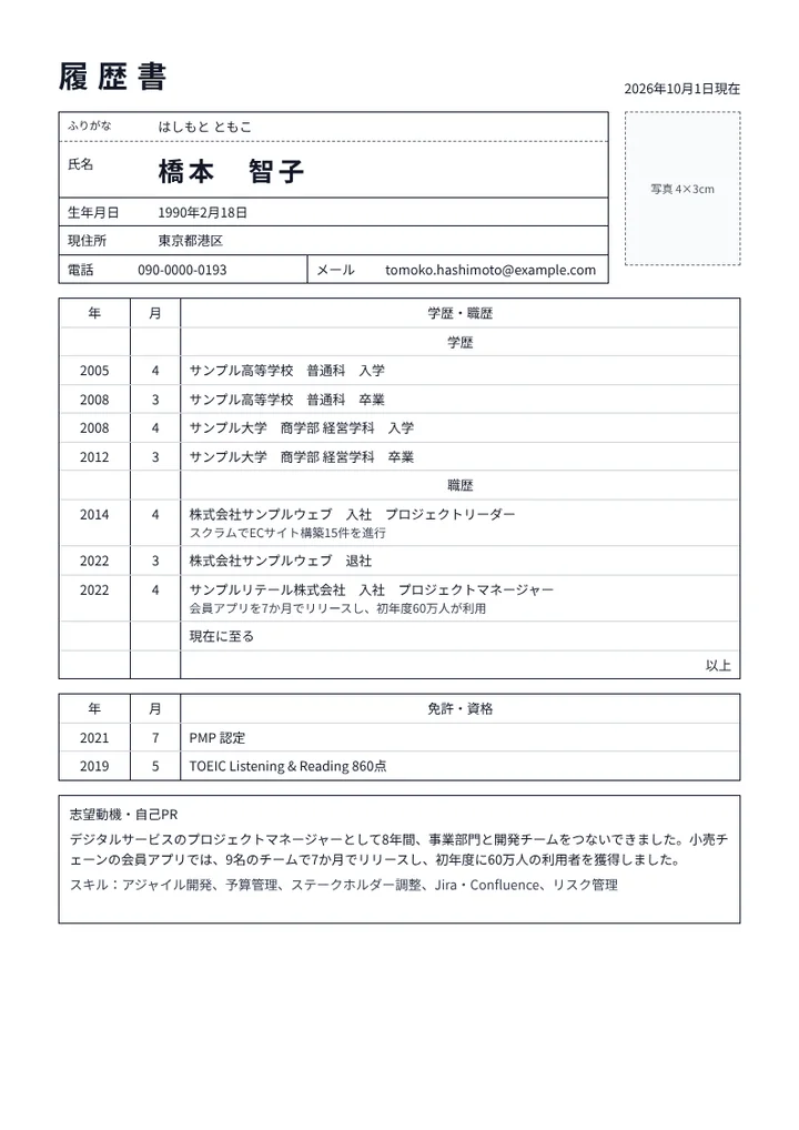 デジタル領域のプロジェクトマネージャーの履歴書の例文