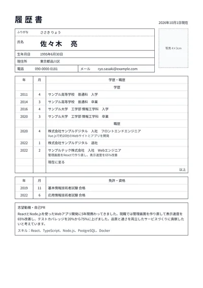 Webエンジニアの履歴書の例文