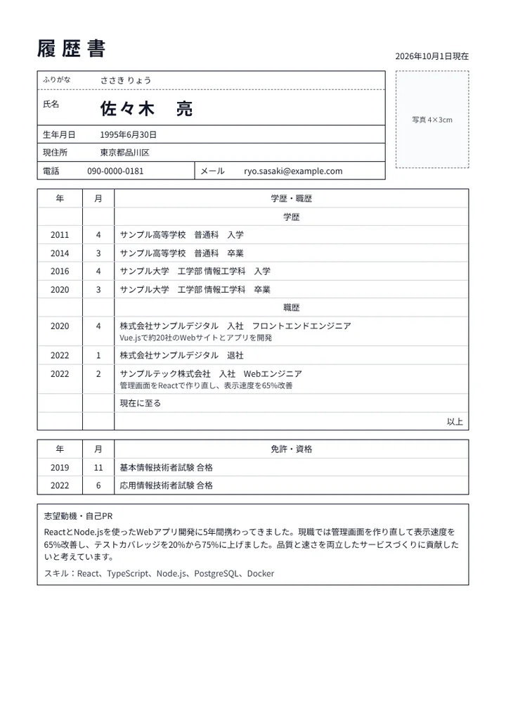Webエンジニアの履歴書の例文
