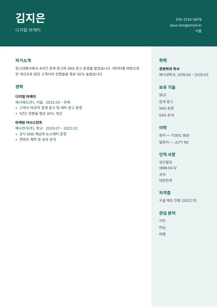 예시 내용을 채운 배너 이력서 템플릿