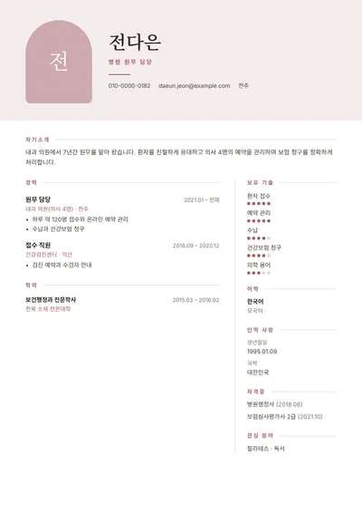 의원 원무 담당자의 이력서 예시