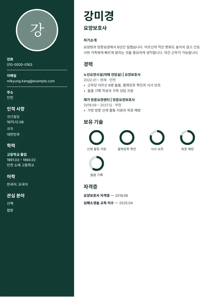 요양보호사 자격증을 가진 지원자의 이력서 예시