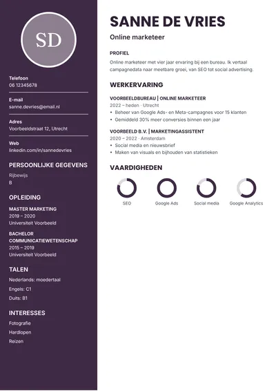 Voorbeeld van het cv-sjabloon Aubergine