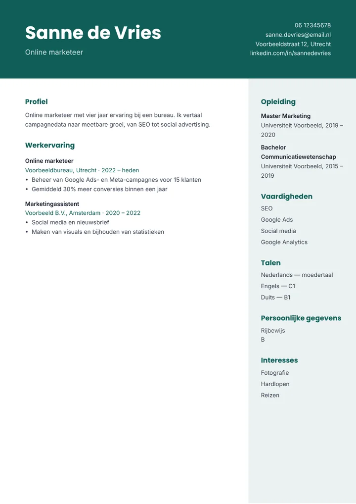 Cv-sjabloon Banier ingevuld met voorbeeldgegevens
