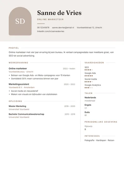 Voorbeeld van het cv-sjabloon Boog