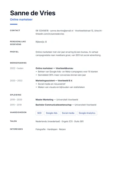 Voorbeeld van het cv-sjabloon Minimaal