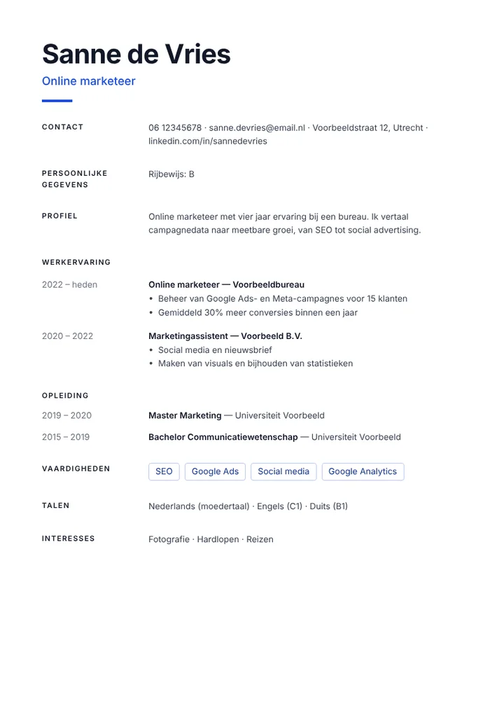 Cv-sjabloon Minimaal ingevuld met voorbeeldgegevens