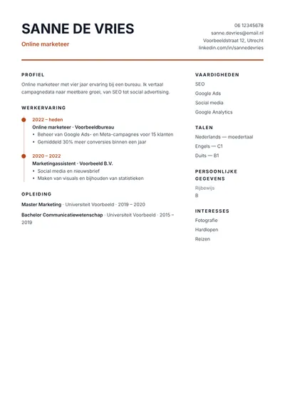 Voorbeeld van het cv-sjabloon Tijdlijn