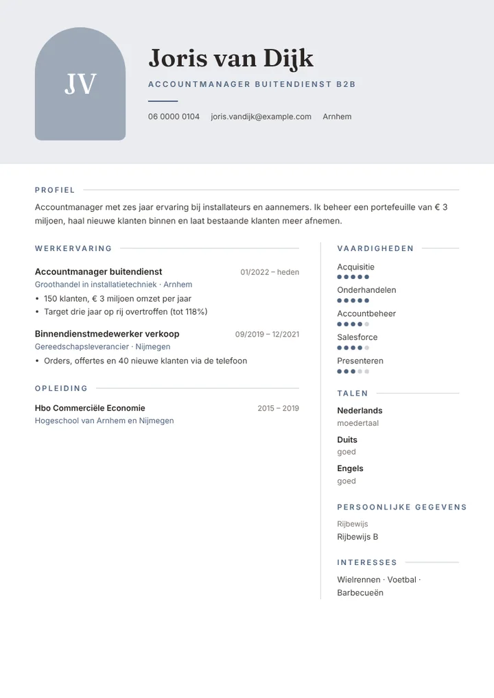 Cv-voorbeeld van een B2B-accountmanager met targets