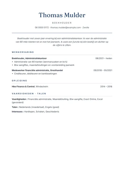 Cv-voorbeeld van een boekhouder bij een administratiekantoor, sobere opmaak