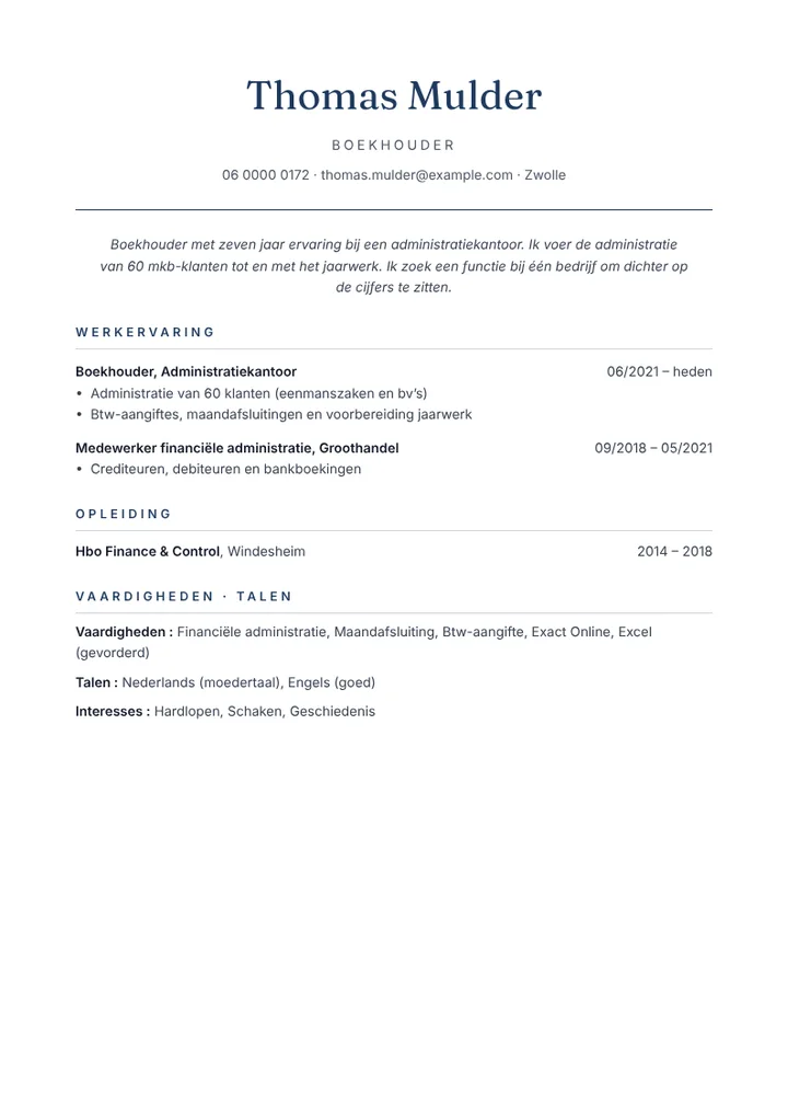 Cv-voorbeeld van een boekhouder bij een administratiekantoor, sobere opmaak