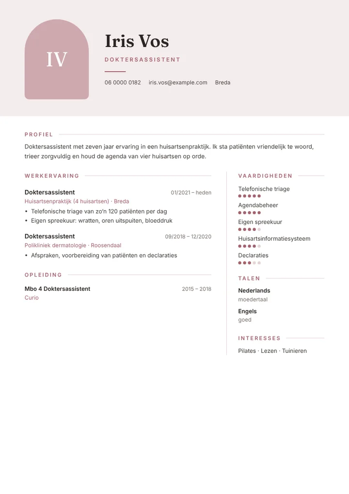 Cv-voorbeeld van een doktersassistent in een huisartsenpraktijk