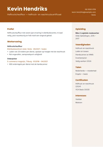 Cv-voorbeeld van een heftruckchauffeur met heftruckcertificaat en VCA