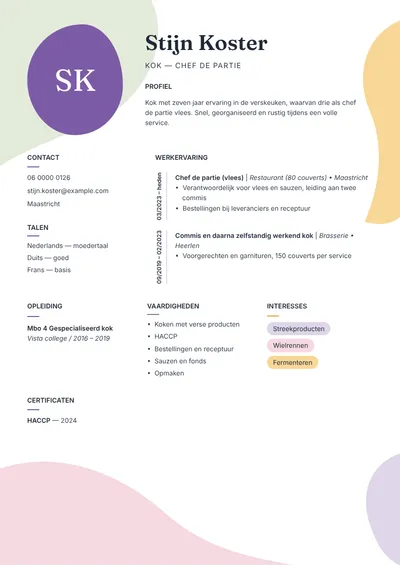 Cv-voorbeeld van een kok, chef de partie