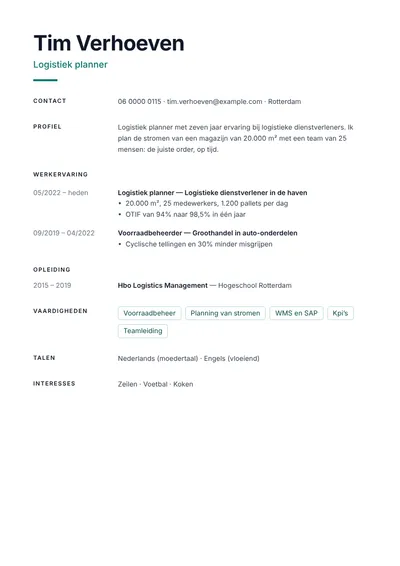 Cv-voorbeeld van een logistiek planner met kpi’s