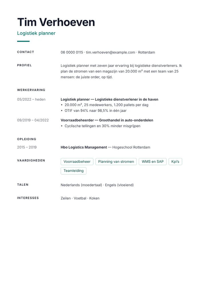 Cv-voorbeeld van een logistiek planner met kpi’s