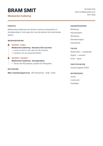 Cv-voorbeeld van een medewerker bediening in een restaurant met talen