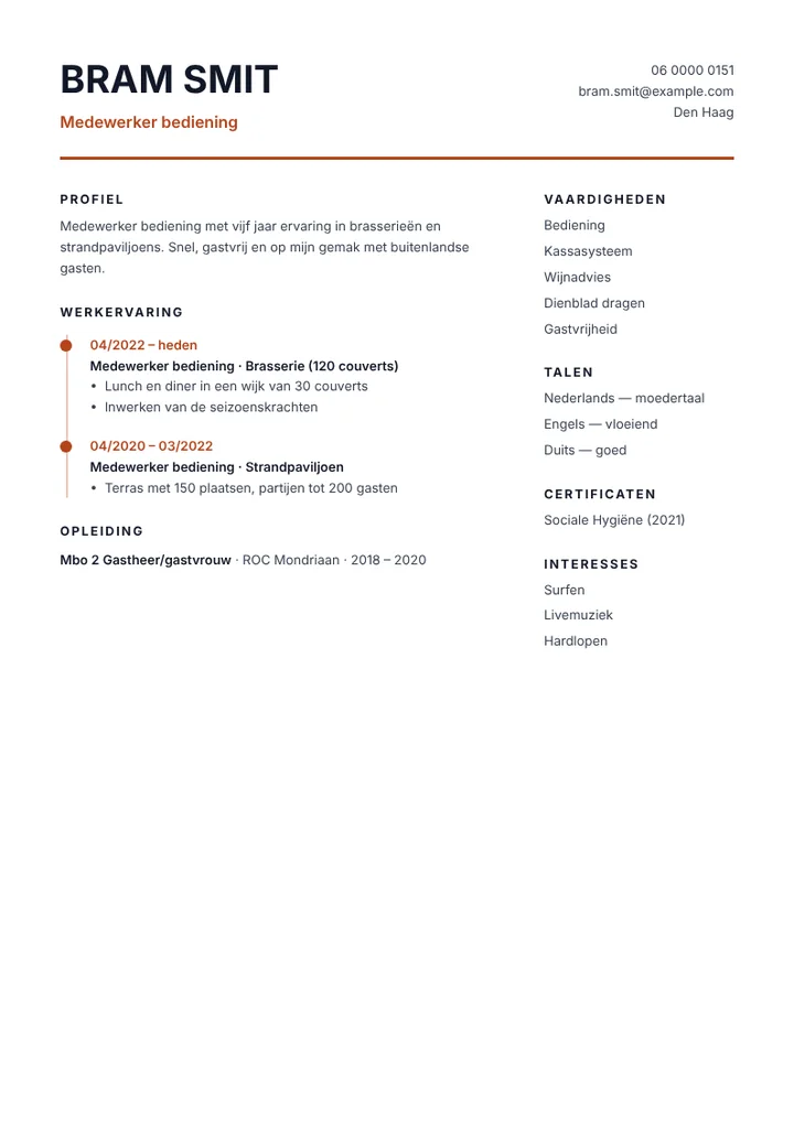 Cv-voorbeeld van een medewerker bediening in een restaurant met talen
