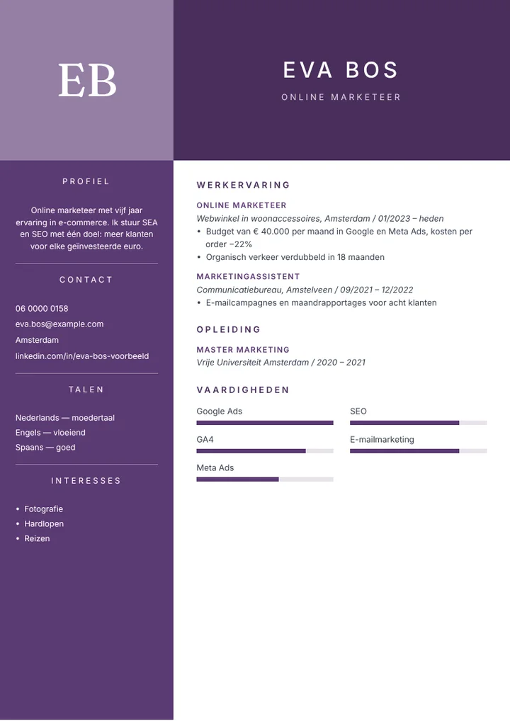 Cv-voorbeeld van een online marketeer met resultaten