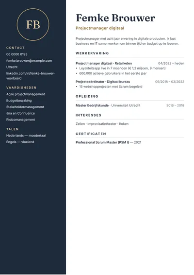 Cv-voorbeeld van een digitale projectmanager