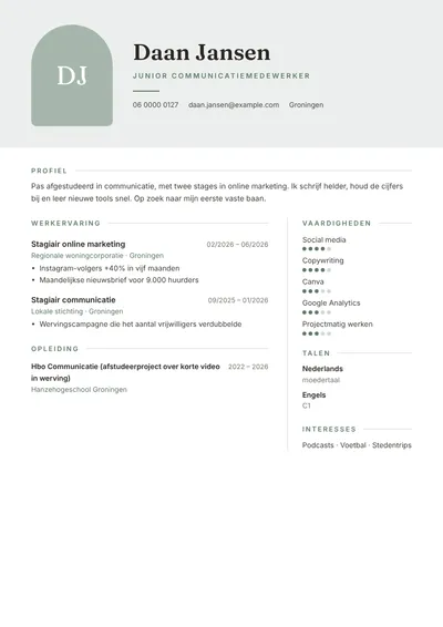 Cv-voorbeeld van een pas afgestudeerde starter in marketing en communicatie