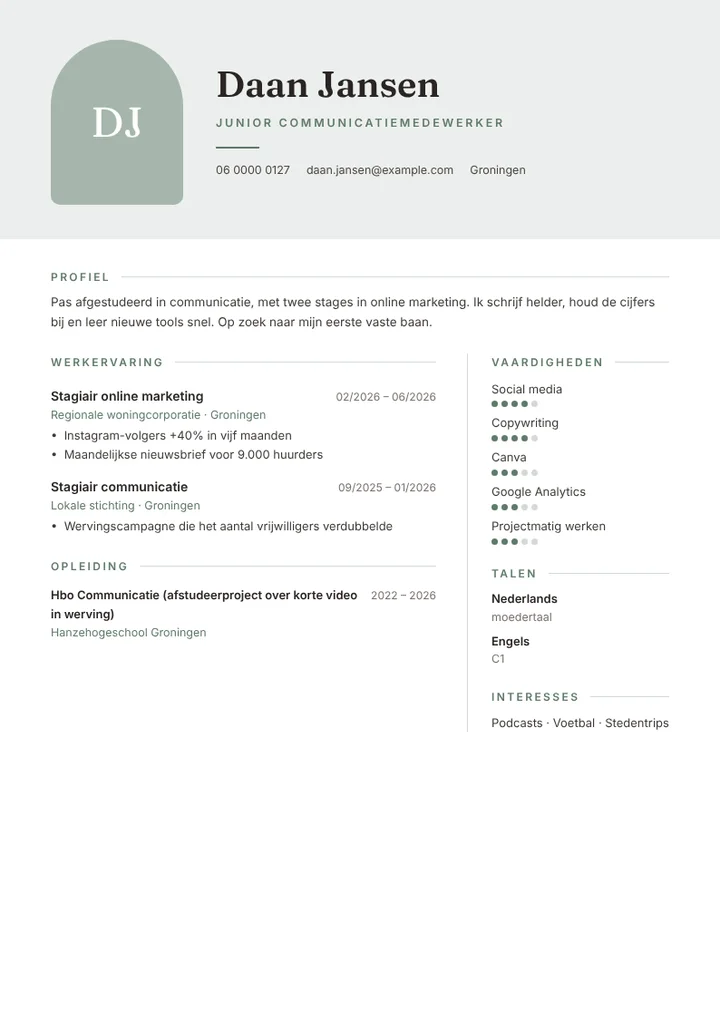 Cv-voorbeeld van een pas afgestudeerde starter in marketing en communicatie