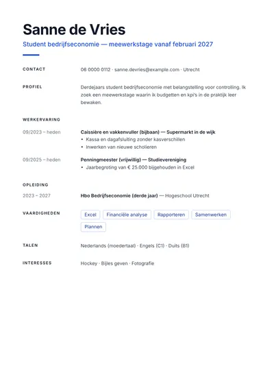 Cv-voorbeeld van een hbo-student bedrijfseconomie die een stage zoekt