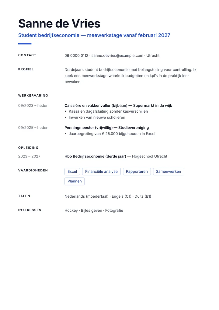 Cv-voorbeeld van een hbo-student bedrijfseconomie die een stage zoekt