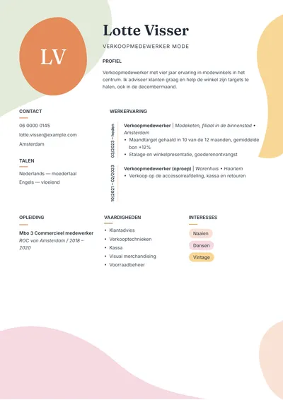 Cv-voorbeeld van een verkoopmedewerker mode met gehaalde targets