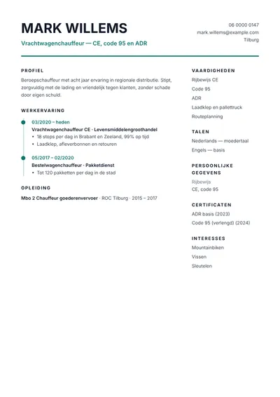 Cv-voorbeeld van een vrachtwagenchauffeur met rijbewijs CE en code 95