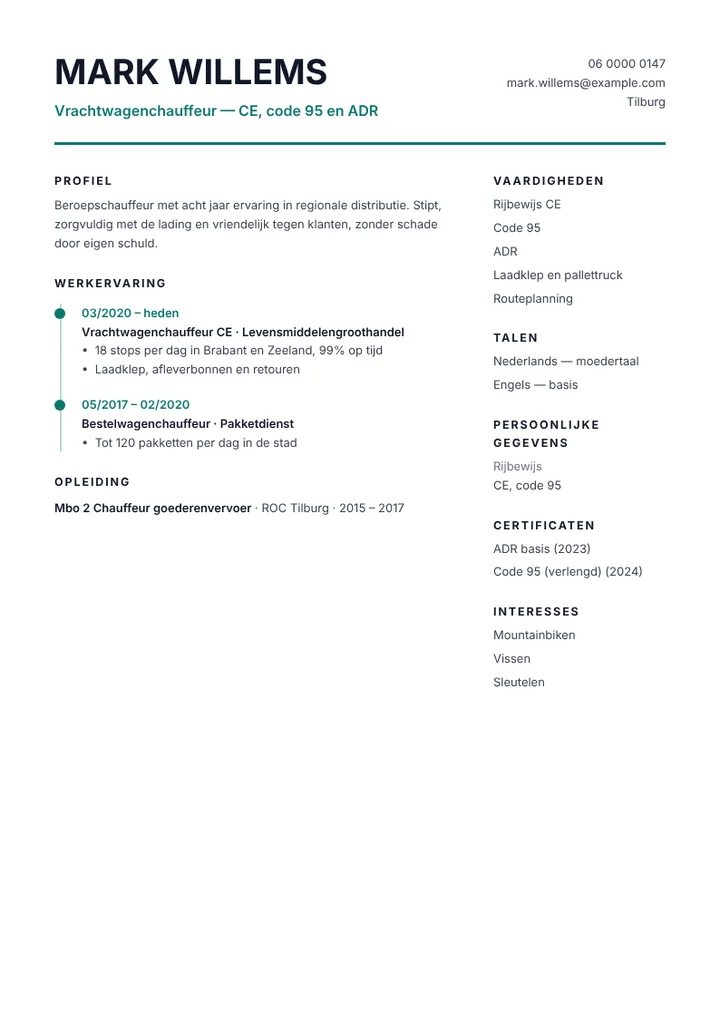 Cv-voorbeeld van een vrachtwagenchauffeur met rijbewijs CE en code 95