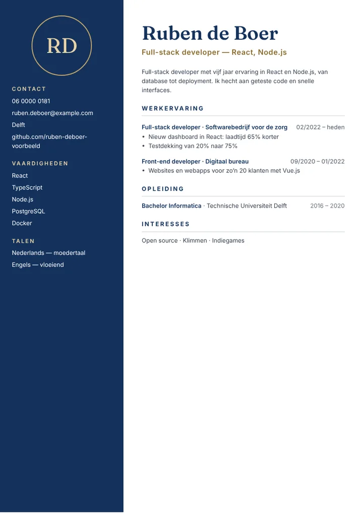 Cv-voorbeeld van een full-stack webdeveloper