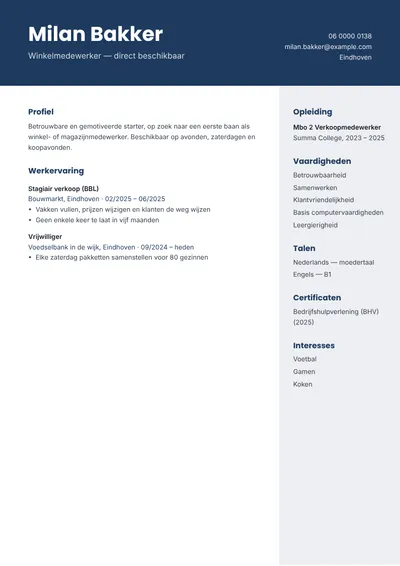Cv-voorbeeld zonder werkervaring voor een winkelmedewerker