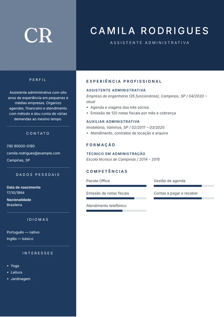 Exemplo de currículo de assistente administrativa em empresa