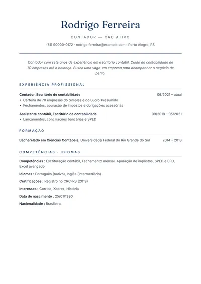 Exemplo de currículo de contador em escritório contábil, layout sóbrio