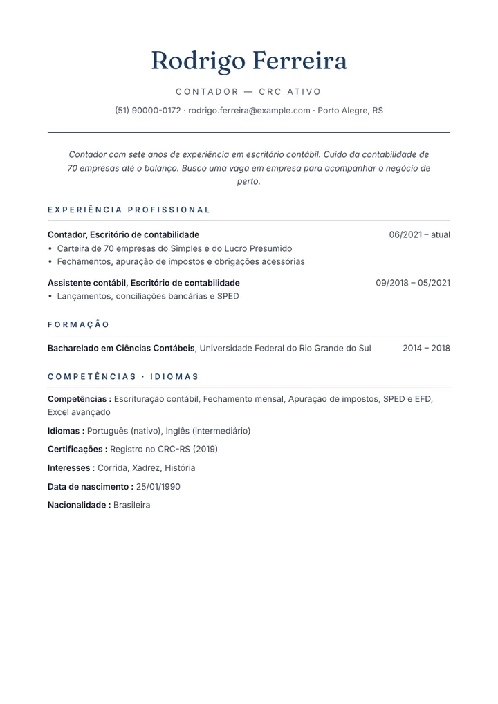 Exemplo de currículo de contador em escritório contábil, layout sóbrio