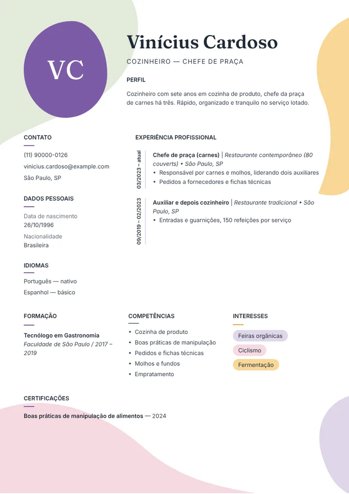 Exemplo de currículo de cozinheiro chefe de praça