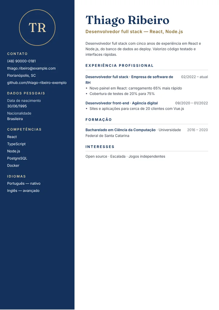 Exemplo de currículo de desenvolvedor web full stack