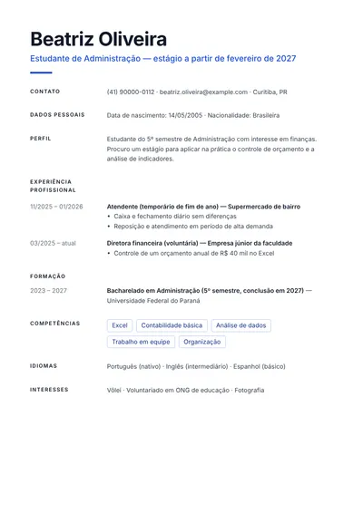 Exemplo de currículo de estudante de Administração buscando estágio
