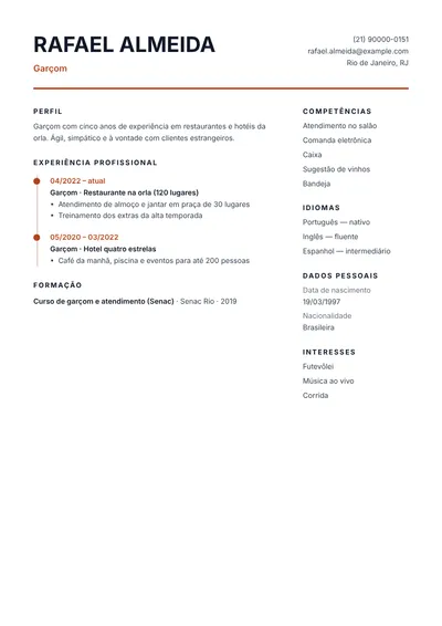 Exemplo de currículo de garçom em restaurante com idiomas