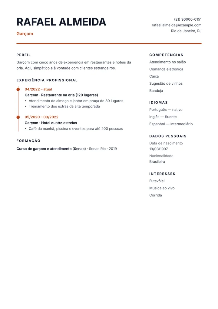 Exemplo de currículo de garçom em restaurante com idiomas