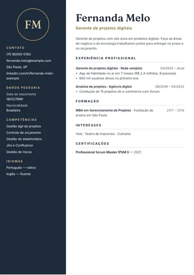 Exemplo de currículo de gerente de projetos digitais