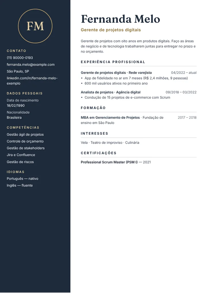 Exemplo de currículo de gerente de projetos digitais