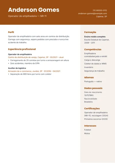 Exemplo de currículo de operador de empilhadeira com curso NR-11