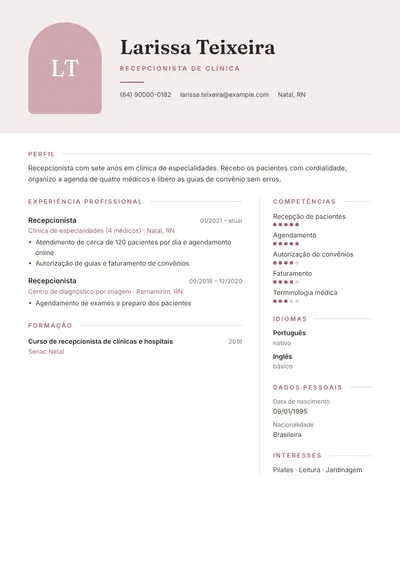 Exemplo de currículo de recepcionista de clínica médica