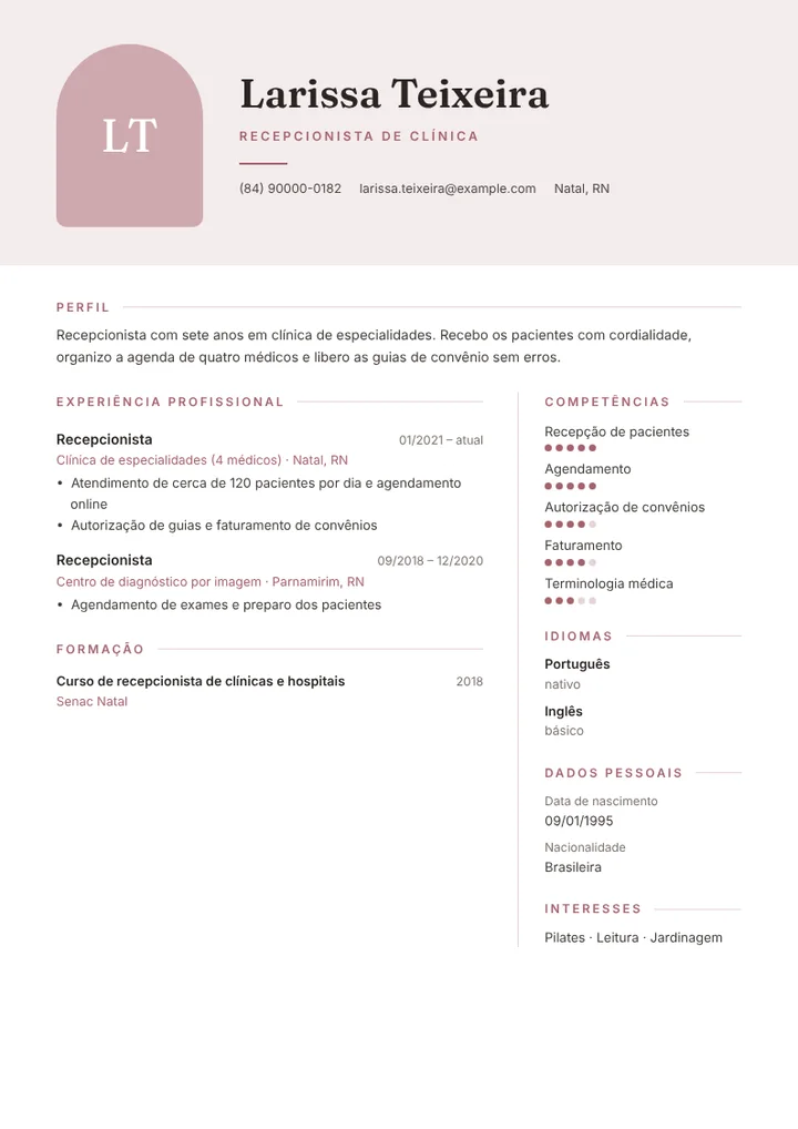 Exemplo de currículo de recepcionista de clínica médica